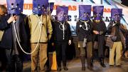 Political passions: Madrid protesters against austerity wear nooses and bag their heads with a European Union flag motif, March 16, 2013. 