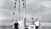 Antinuclear activist Albert Bigelow (second from left) with crew members William Huntington &rsquo;28, Orion Sherwood, and George Willoughby in Hawaii in 1958