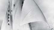 The 30-foot <em>Golden Rule</em> under sail, with James Peck &rsquo;36 and Willoughby visible 