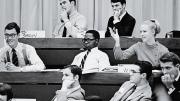 One among many: Harvard Business School pioneer Robin Wigger, suitably attired, in class among fellow M.B.A. students, circa 1970 
