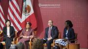 The Kennedy School’s leadership panel (from left): M.P.P. candidate Jieum Baek; Liberian president Ellen Johnson Sirleaf; former Mexican president Felipe Calderón; M.P.A. candidate Amandla Agoro Ooko-Ombaka ￼