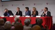 Discussing the science and ethics of engineering life are (from left) Eric S. Lander, Linda Griffith, David Liu, Pamela Silver, and I. Glenn Cohen.