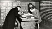 Before HOLLIS, students had to consult row upon row of card catalogs to find a book’s call number.