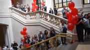 Visitors who came to celebrate Widener’s centennial sang “Happy Birthday” in the library’s main hall.