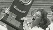 Julie Smail ’90 celebrates the Crimson’s winning of the NCAA national championship.