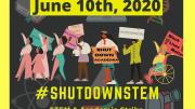 An illustrated poster for the June 10, 2020 #ShutDownStem academic strike for Black Lives Matter, showing people of different races, genders, and abilities organizing for racial justice