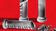Illustration showing Greek pillars to represent democracy made from rolled newspapers. One of the pillars has tipped over and spilled a jumble of letters. 