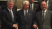Clinton with Boris Yeltsin and Jacques Chirac, May 27, 1997, in Paris