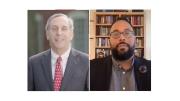 Photographs of Harvard president Lawrence S. Bacow and Harvard alumnus and guest speaker Kevin Young