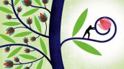 A stylized illustration of a tree with many small flowers blooming on one side and on the other one small branch on which a small human figure is nurturing one large blossom