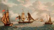 Painting of masted ships on the ocean