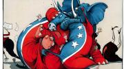 An illustration showing a donkey and an elephant, representing the Democratic and Republican parties, wrestling.