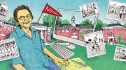 Illustration of Radcliffe alumna Alice Abarbanel amid scenes from Radcliffe College
