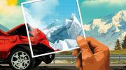 An illustration of the crumpled front end of a car that has been in an accident with mountains that are the result of crumpling of Earth's crust, rising in the background