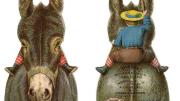 The front and back of a die-cut trade card shaped like a donkey that was used to advertise coffee. When the card is flipped over, the viewer can see that there is a boy riding on the donkey's back.