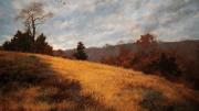 Landscape painting of wide sky and golden field with trees in the distance 