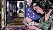 Illustration of a professional woman at home, holding a baby