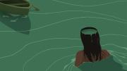 The illustration shows an empty rowboat floating away and a woman wading toward it, in chest-high water.