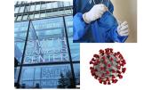 Montage of Smith Campus Center, a laboratory worker performing a swab test, and a COVID-19 graphic 
