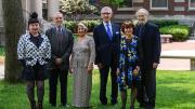 Group photo of Du Yun, Daniel Goleman, Mina Jahan Bissell, Sanford Greenberg, Catherine Gattegno Cesarsky, and John Dower