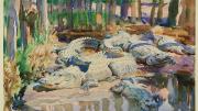 Watercolor painting of alligators in a swamp