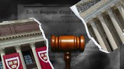 Photo montage showing Harvard’s Widener Library and the edifice of the Supreme Court divided by a gavel.