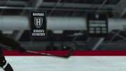 Montage of hockey player in ice rink, with Harvard's women's hockey insignia over it