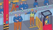 A drawing of a workplace where parents and their children are working together