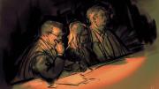 A live sketch from Lori Vallow Daybell’s murder trial. Daybell is in the middle between two men, all looking somber.