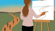 An illustration of a young woman at an easel, holding a paintbrush and tracing a path while looking out across a landscape of other people following their own path 