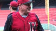 Coach Walsh in a photograph taken on April 9 <a href="http://harvardmagazine.com/2012/04/harvard-at-fenway-100-years-later"> at a Harvard baseball practice at Fenway Park, part of the Red Sox centennial celebration</a>