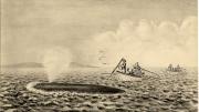 “The Whale breaking water and spouting at the surface. The boats have come up with it and the harpooner is about to strike.”
