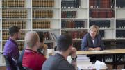 President Drew Faust addresses the 14 veterans who participated in the Warrior-Scholar Project at Harvard. The week-long pilot program, which involved democracy-themed seminars as well as reading and writing workshops, ran from July 6 to July 12.