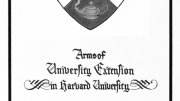 The coat of arms of University Extension, with baskets of wheat recalling the terms of John Lowell Jr.’s will, were designed by Mason Hammond, Pope professor of the Latin language and literature emeritus, and Dean Shinagel, and executed by Extension faculty member D’A. Jonathan D. Boulton in 1982.