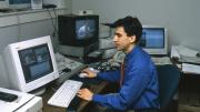 Antonio Aranda Eggermont, CAS ’99, works on the initial distance-education videos in 1999.