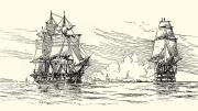  HMS <em>Leopard</em> firing on the USS <em>Chesapeake</em> on June 22, 1807, to enforce a demand that the American ship submit to a search for British Navy deserters
