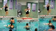 Murdock Stenis leads an aqua aerobics class at the Malkin Athletic Center pool; water offers 12 times the resistance of air. 