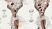 A detail from a watercolor of a figure and glyph from San Bartolo, Guatemala, at the Peabody Museum.
