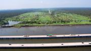 An aerial image of the Bonnet Carré Spillway, a large flood-control structure outside New Orleans that was the subject of a thesis by Travis Bost, M.Des.S. ’12  