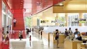 On the ground floor, patrons see books as soon as they enter. 