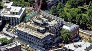 This view of the Fogg Art Museum, taken in mid summer, shows the new structure being inserted in the original Quincy Street façade.