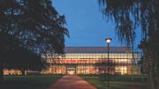 The main entrance of the main library in Cambridge, Massachusetts, fronts directly on a park.