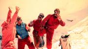 David Roberts, Peter Carman, Hank Abrons, and Rick Millikan at Camp Six on July 7, at an altitude of 12,600 feet