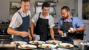 Chef/owner Alex Crabb shares the open kitchen with fellow cooks Tyson Wardwell and Nathan &ldquo;Lazer&rdquo; Phinisee.