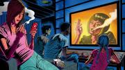 Teenagers watch a television screen showing a glamorous actress smoking.
