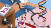 An illustration depicts the torso of a patient as teams of tiny, Lilliputian physicians run tests and examinations.