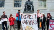 The author and fellow activists at a Divest Harvard rally this past April: (from left) Caleb Schwartz ’20, Flores-Jones, Anand Bradley ’19, Owen Torrey ’21, Eva Rosenfeld ’21, and Sophia Higgins ’21