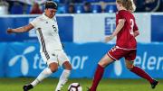 Linda Liedel (at left), representing Germany in Spain’s 2019 La Manga Tournament, competes for the ball with a Danish rival.