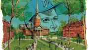 An illustration of Harvard Yard with a superimposed rendering of a youthful male figure contemplating his place at the College