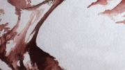 Another image from “Reneepoptosis”: three slightly human figures, drawn in ink, on the edge of a cliff, part of a background done in watercolor